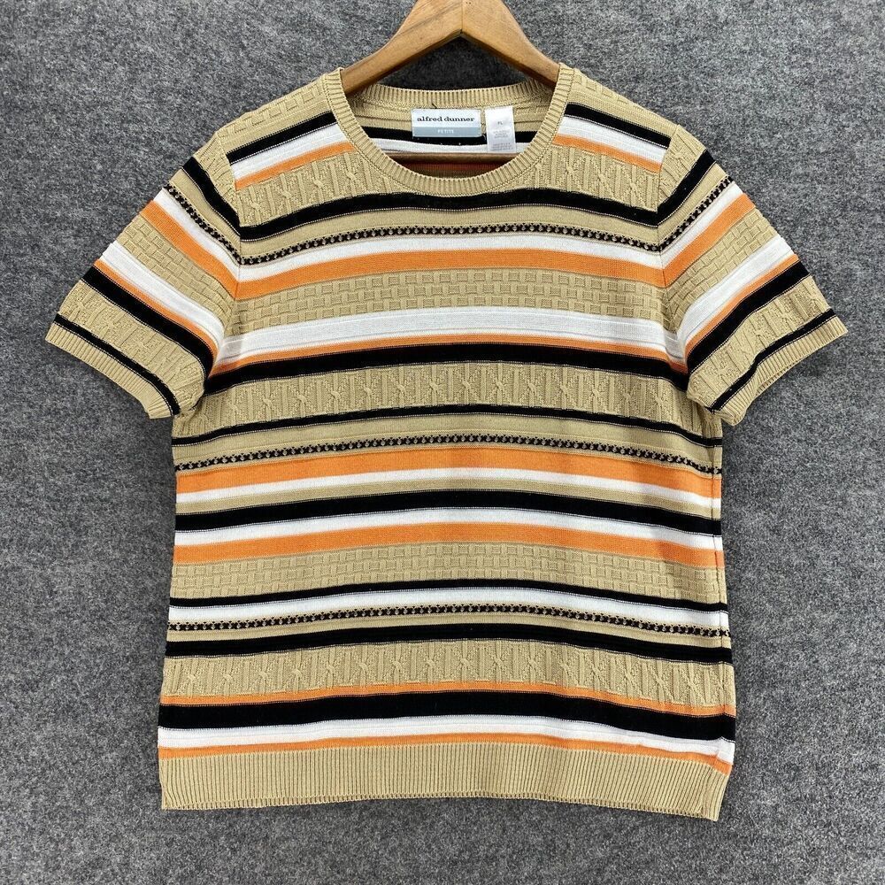 5/$45 Alfred Dunner Sweater Top Women PL Petite Beige Striped Knit Crew Neck